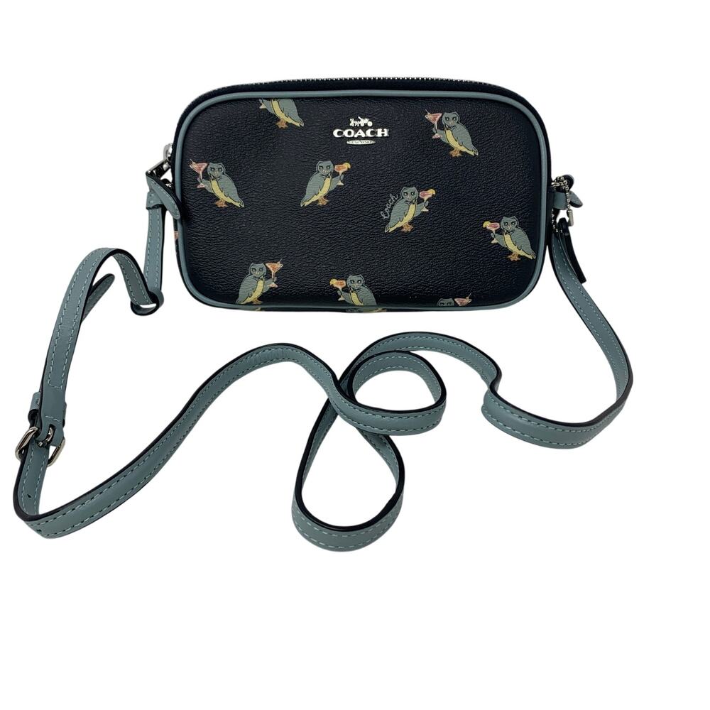 Coach Owl Toasting Martini Print Crossbody Purse Womens Black Blue Gray - Picture 6 of 7